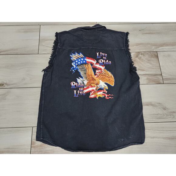 BIKER DESIGN Black Denim Eagle Flag Graphic Cut-Off shirt Biketoberfest 2001 L - Picture 3 of 4